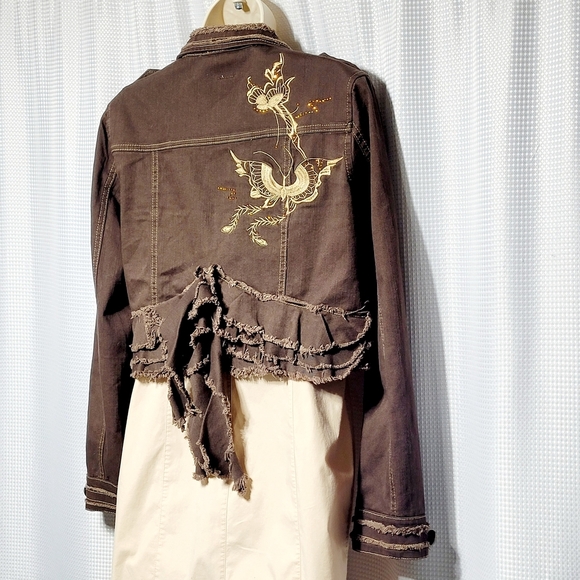 Banana Dark Brown Denim Crop Raw Edge Military Jacket Women's (S**) Made in USA - Picture 6 of 14